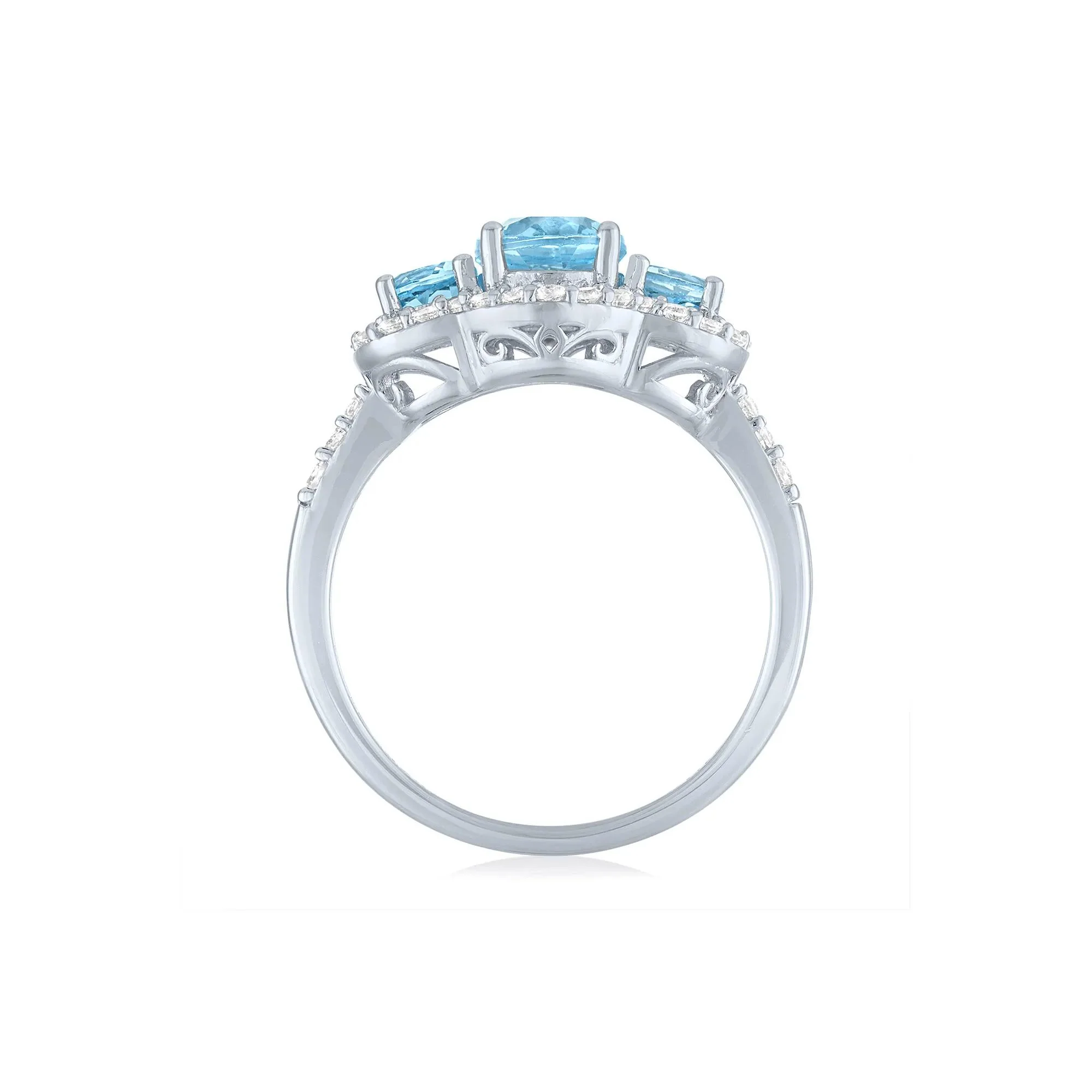 Swiss Blue Topaz & Lab-Created White Sapphire Three-Stone Ring .925 Sterling Silver Size 7 1mm - Image 2
