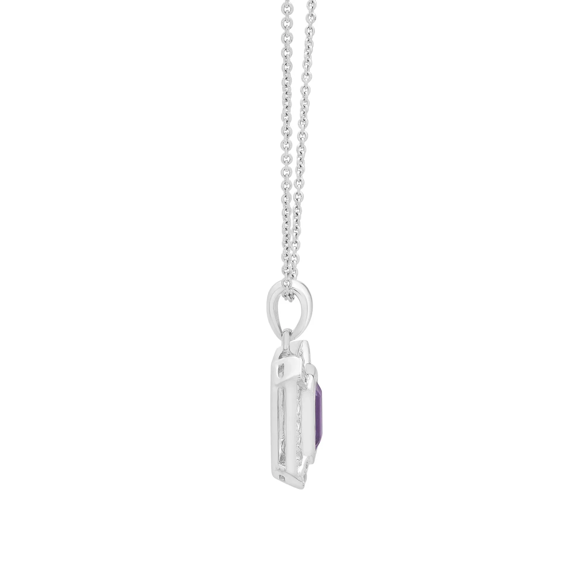 Purple Amethyst & Lab-Created White Sapphire Halo Pendant Necklace .925 Sterling Silver Size 18" - Image 2