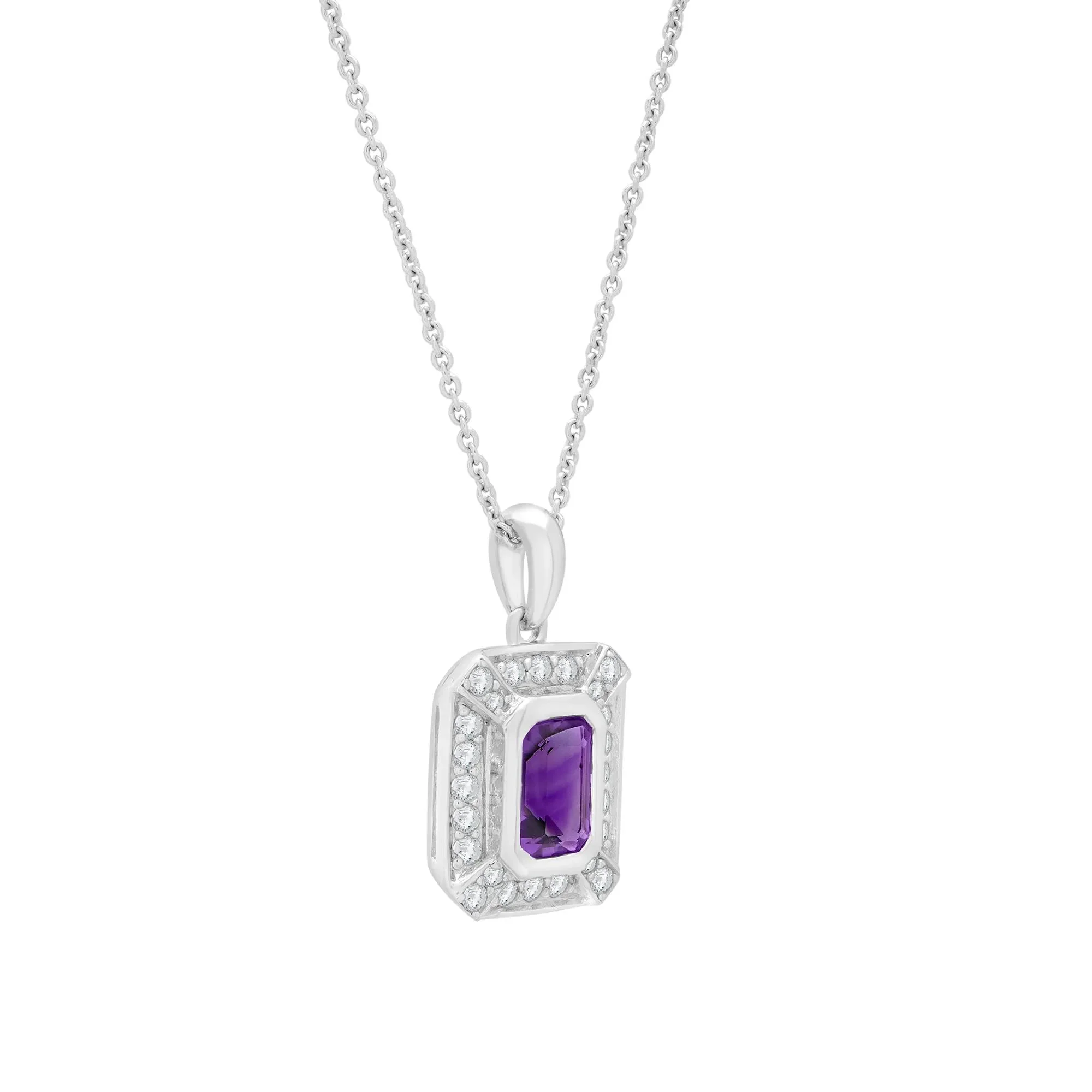 Purple Amethyst & Lab-Created White Sapphire Halo Pendant Necklace .925 Sterling Silver Size 18" - Image 4