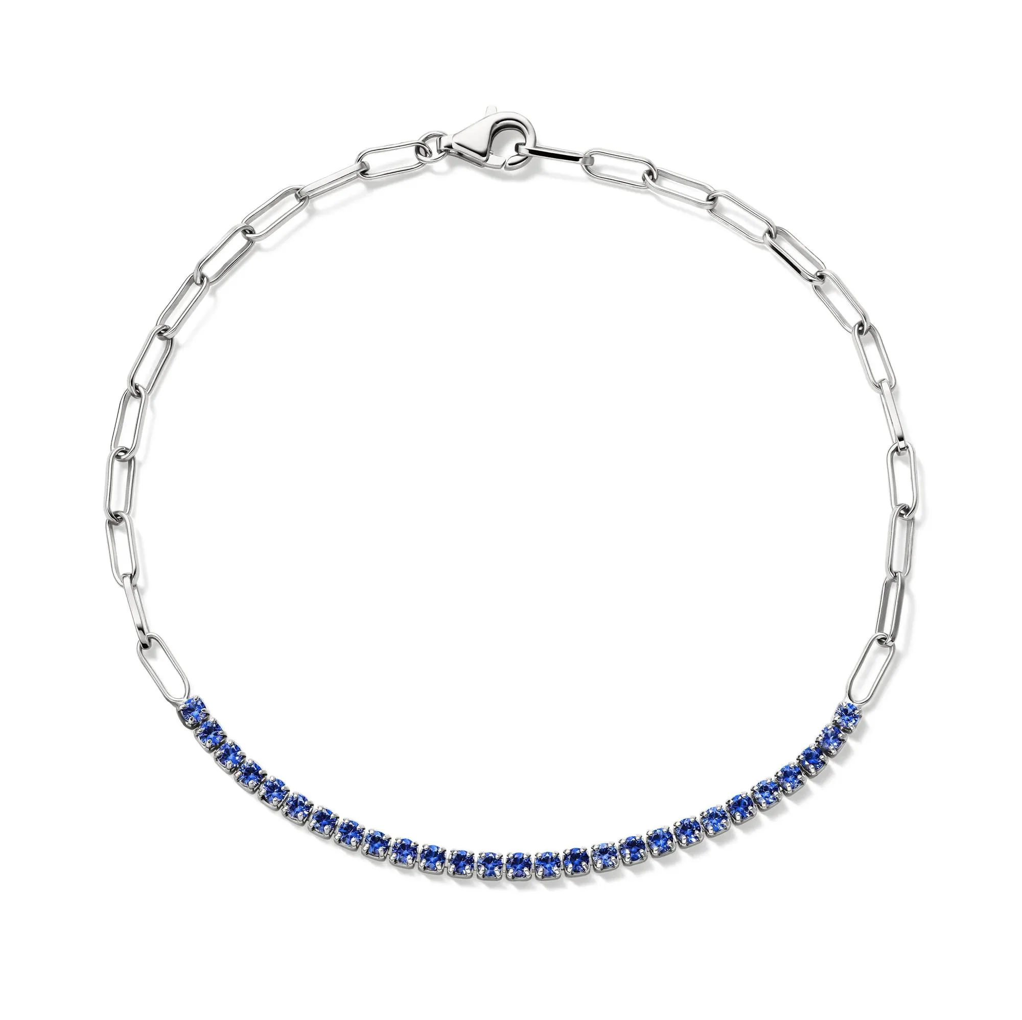 Lab-Created Blue Sapphire Paperclip Bracelet .925 Sterling Silver White Size 100.00mm - Image 3