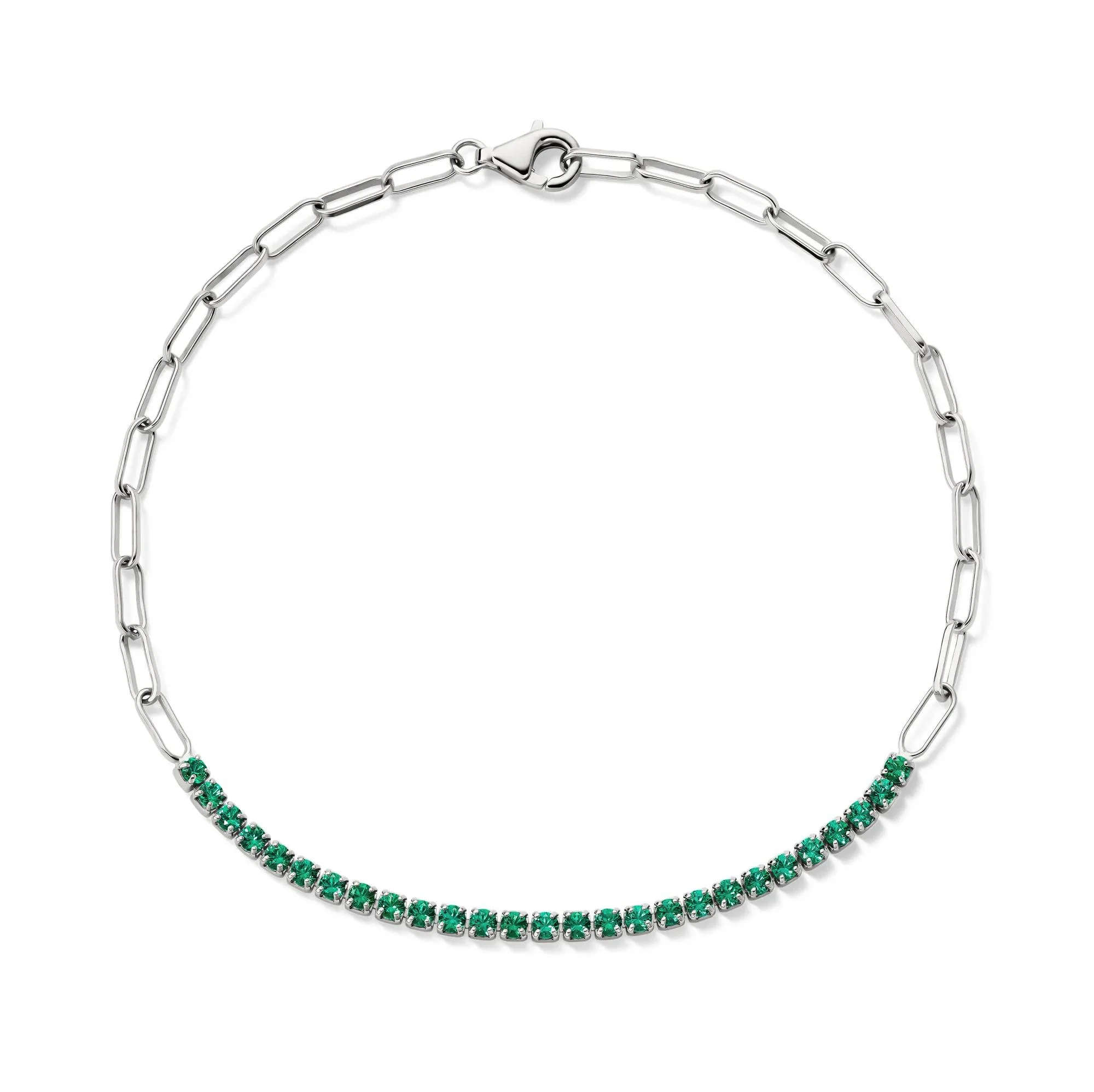 Lab-Created Emerald Paperclip Bracelet .925 Sterling Silver White Size 100.00mm - Image 3