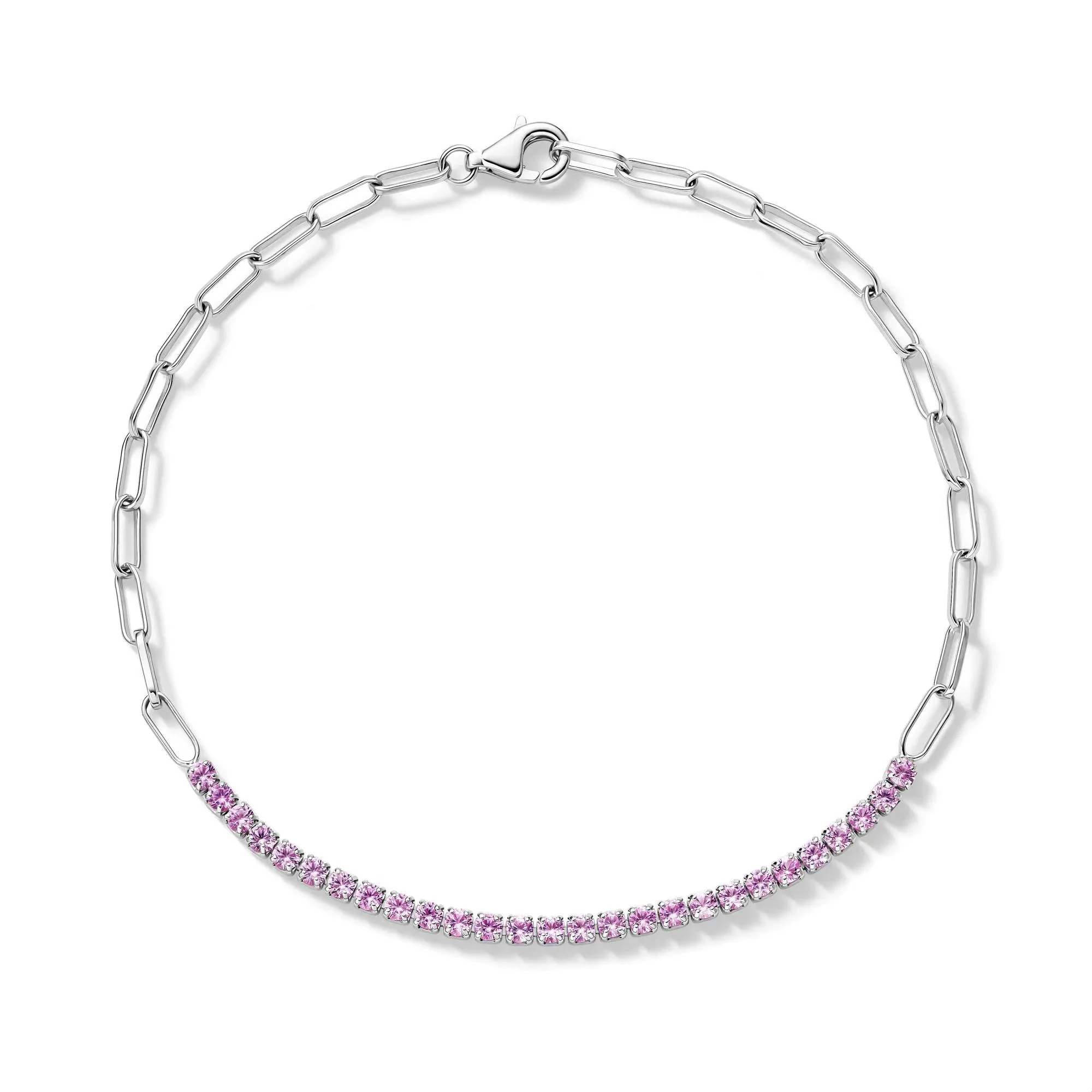 Lab-Created Pink Sapphire Paperclip Bracelet .925 Sterling Silver White Size 100.00mm - Image 3