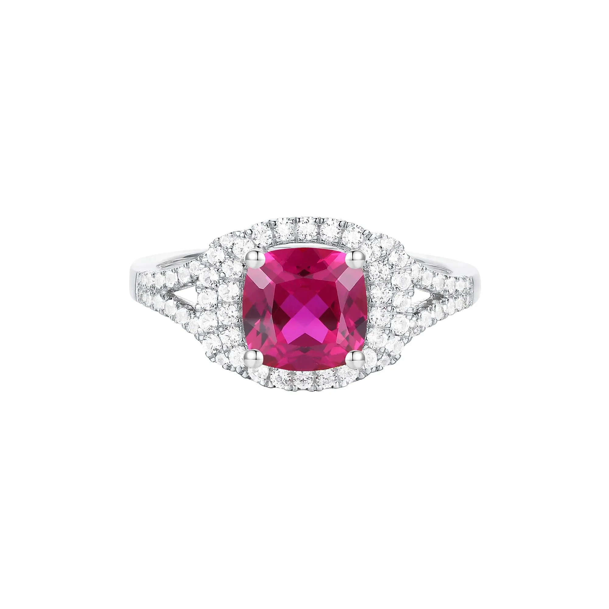 Lab-Created Ruby and Lab-Created White Sapphire Halo Ring .925 Sterling Silver Size 7.5 1mm