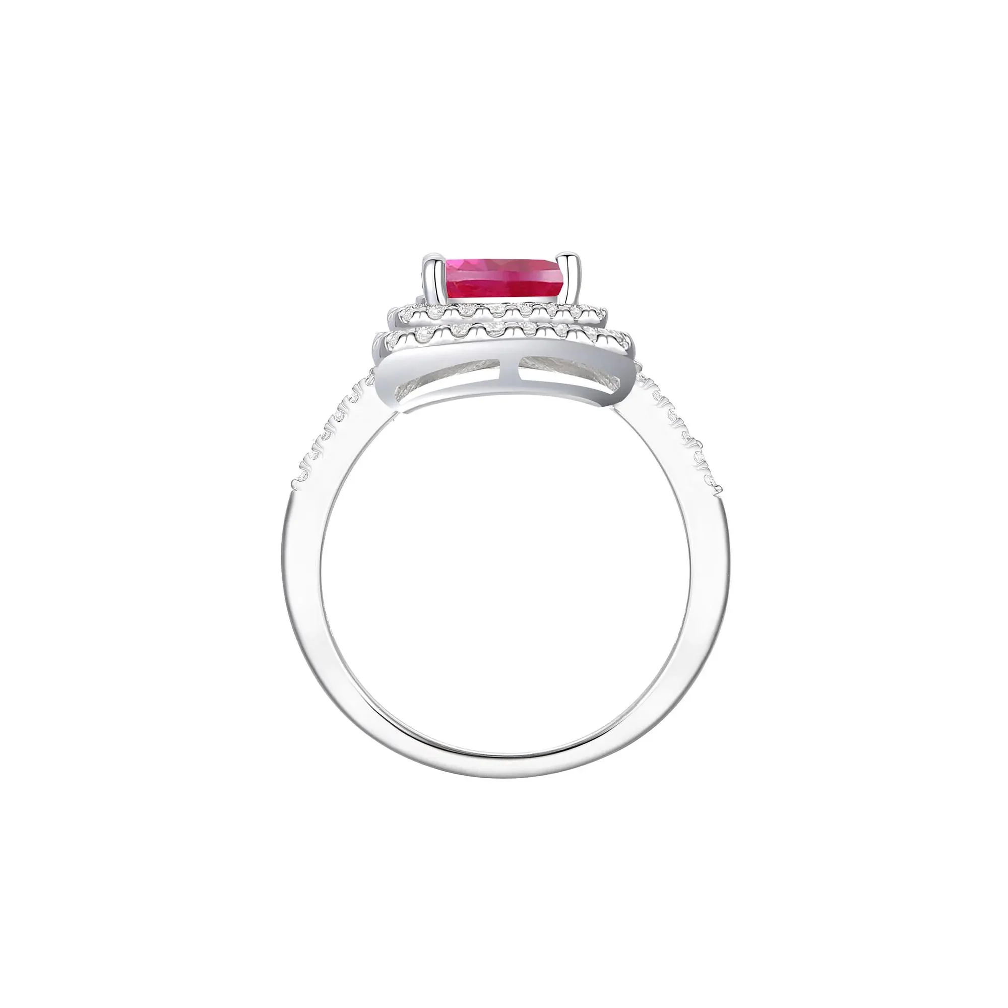Lab-Created Ruby and Lab-Created White Sapphire Halo Ring .925 Sterling Silver Size 7.5 1mm - Image 2