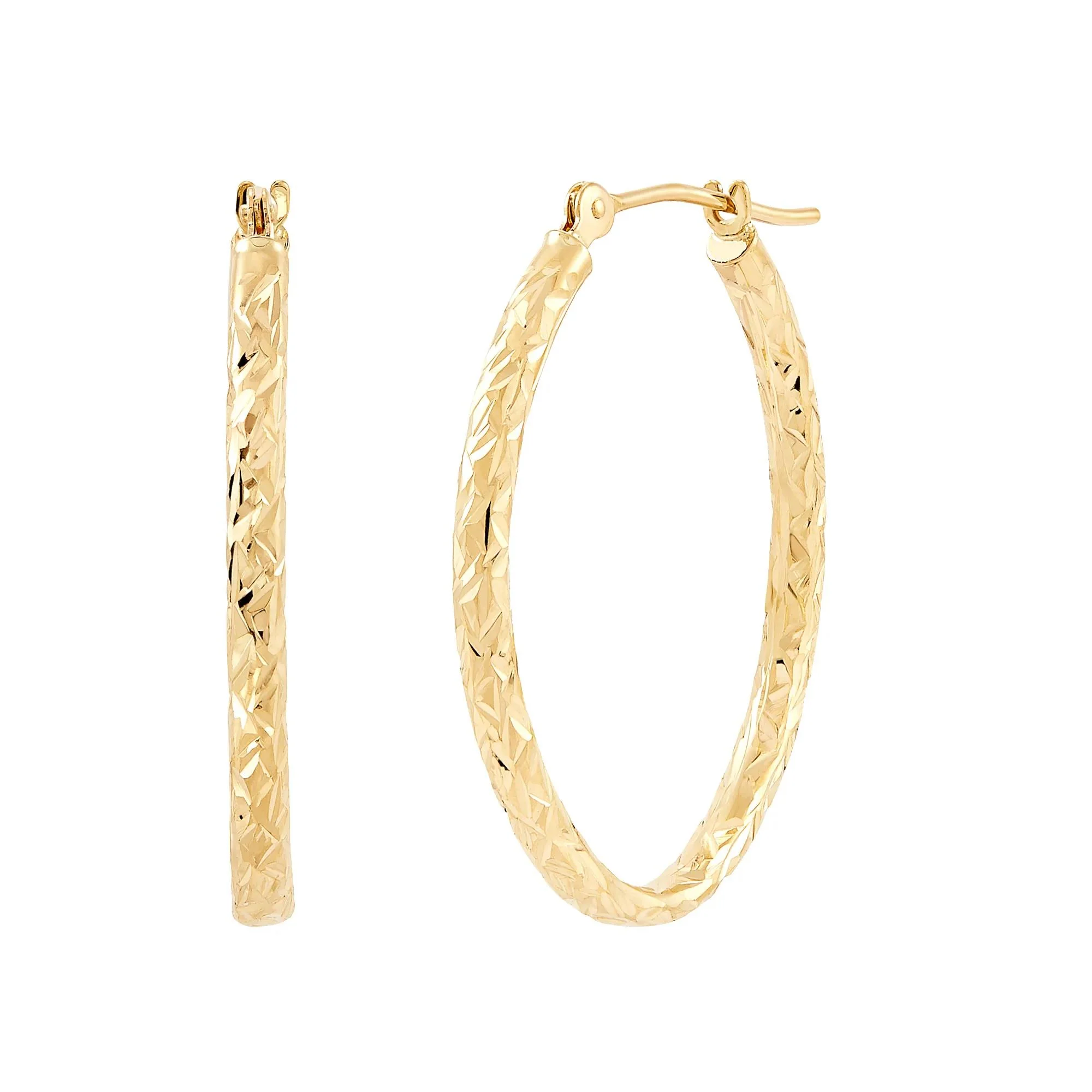 Crystal Cut Oval Hoop Earrings 10K Yellow Gold 25x Size 20.00mm - Image 3