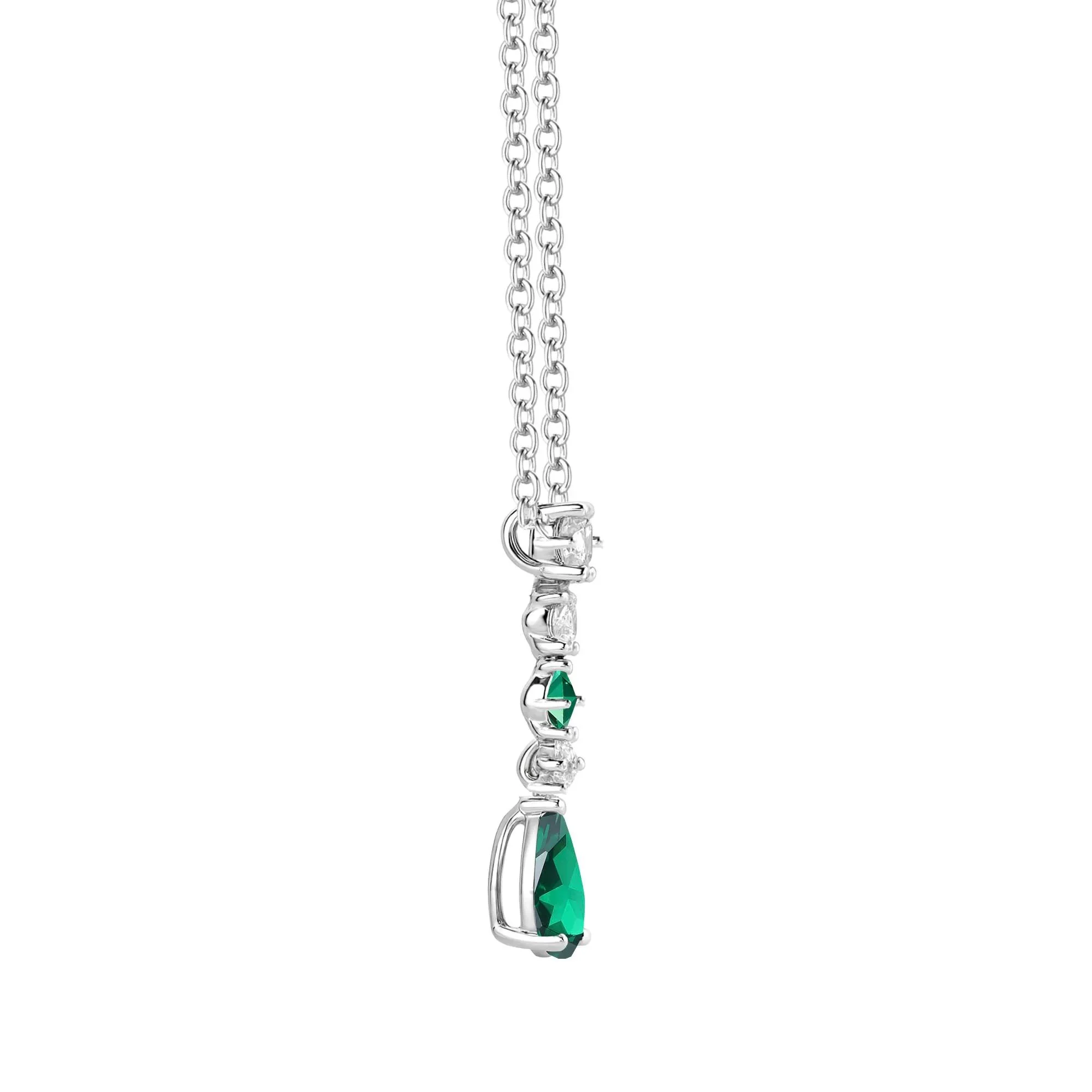 Lab-Created Emerald & Lab-Created White Sapphire Drop Pendant Necklace .925 Sterling Silver Size 18" - Image 2