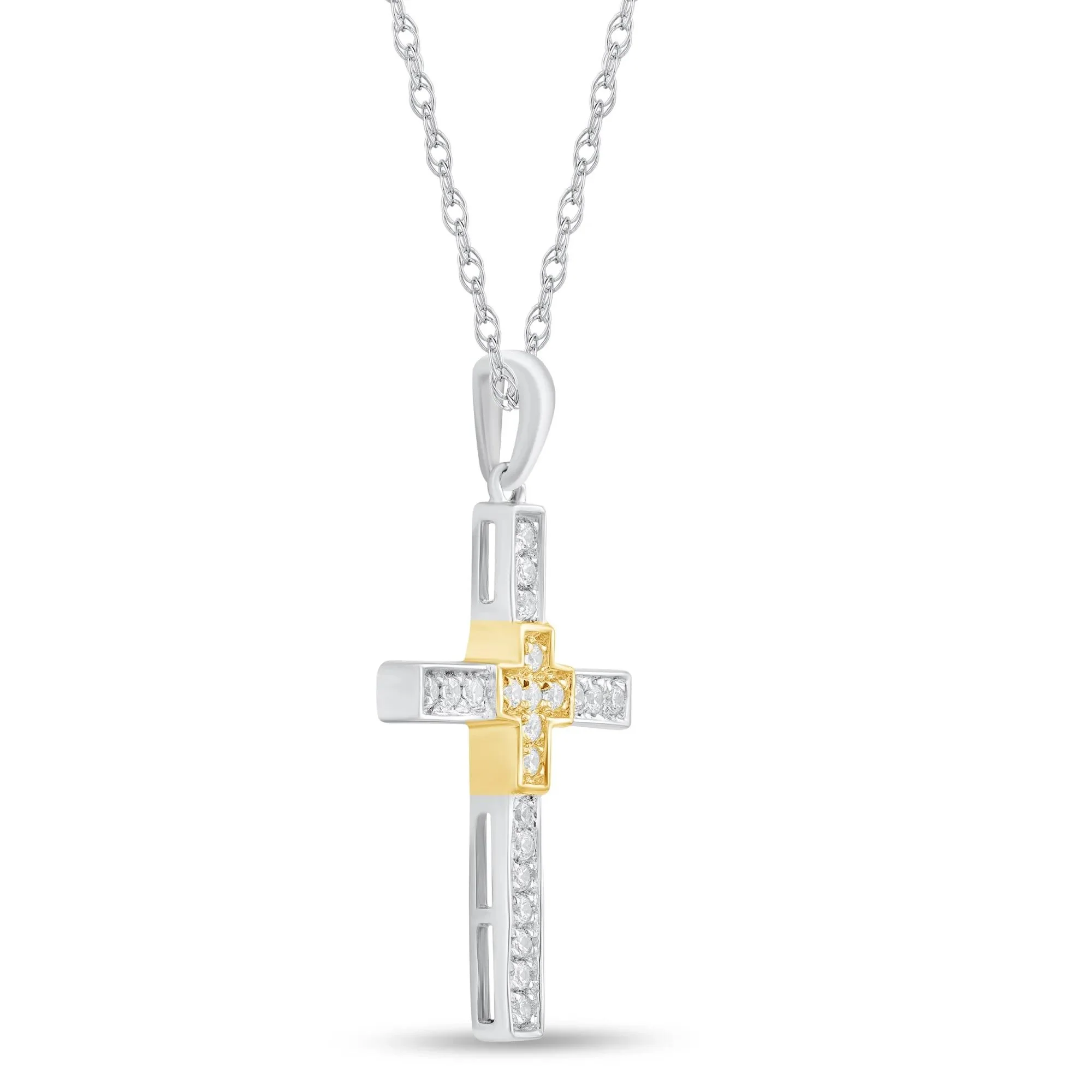 1/7 CT. Tw. Diamond Cross Pendant Necklace 10K Yellow & White Gold Size 18" - Image 2