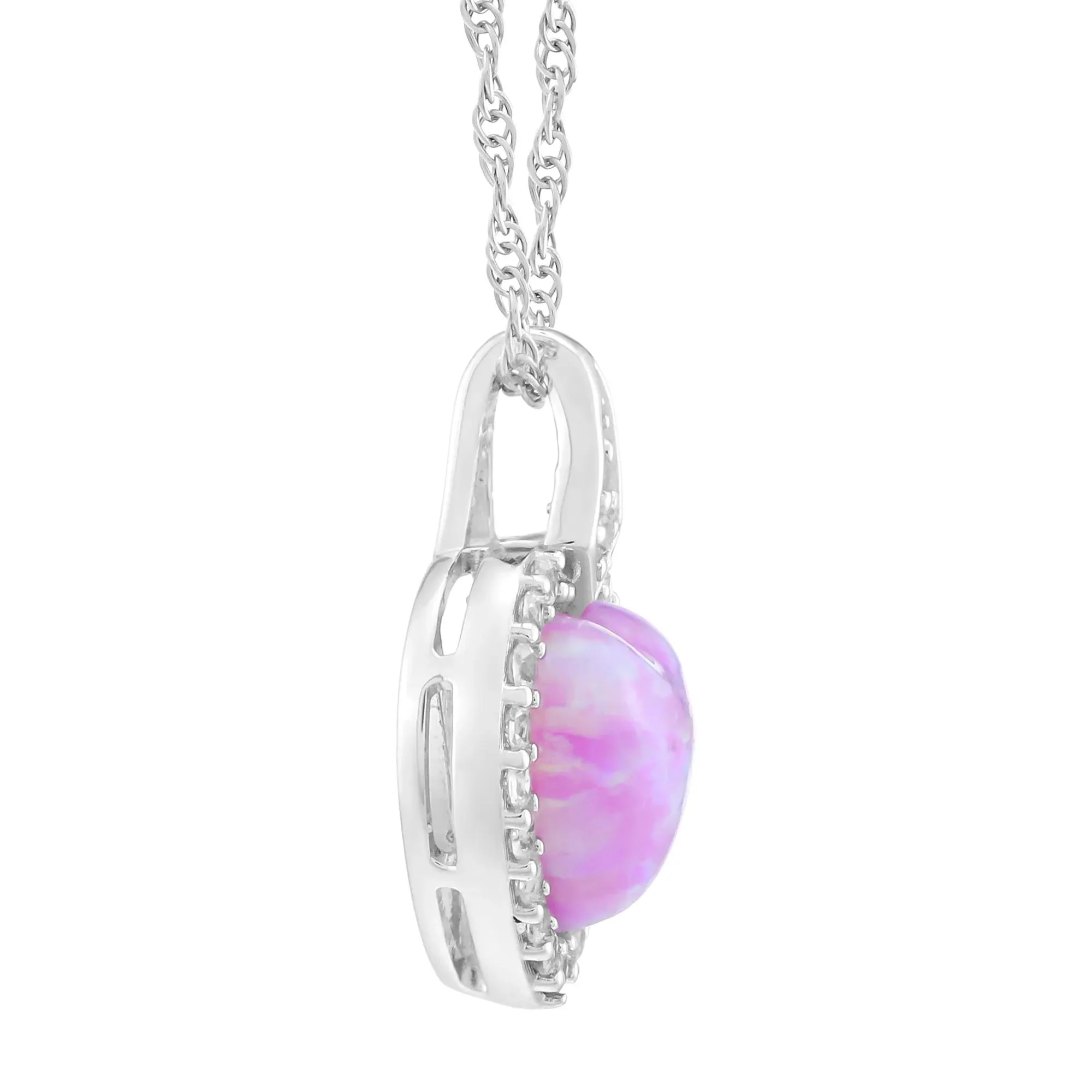 Lab-Created Pink Opal & Lab-Created White Sapphire Halo Heart Pendant Necklace .925 Sterling Silver Size 18" - Image 2