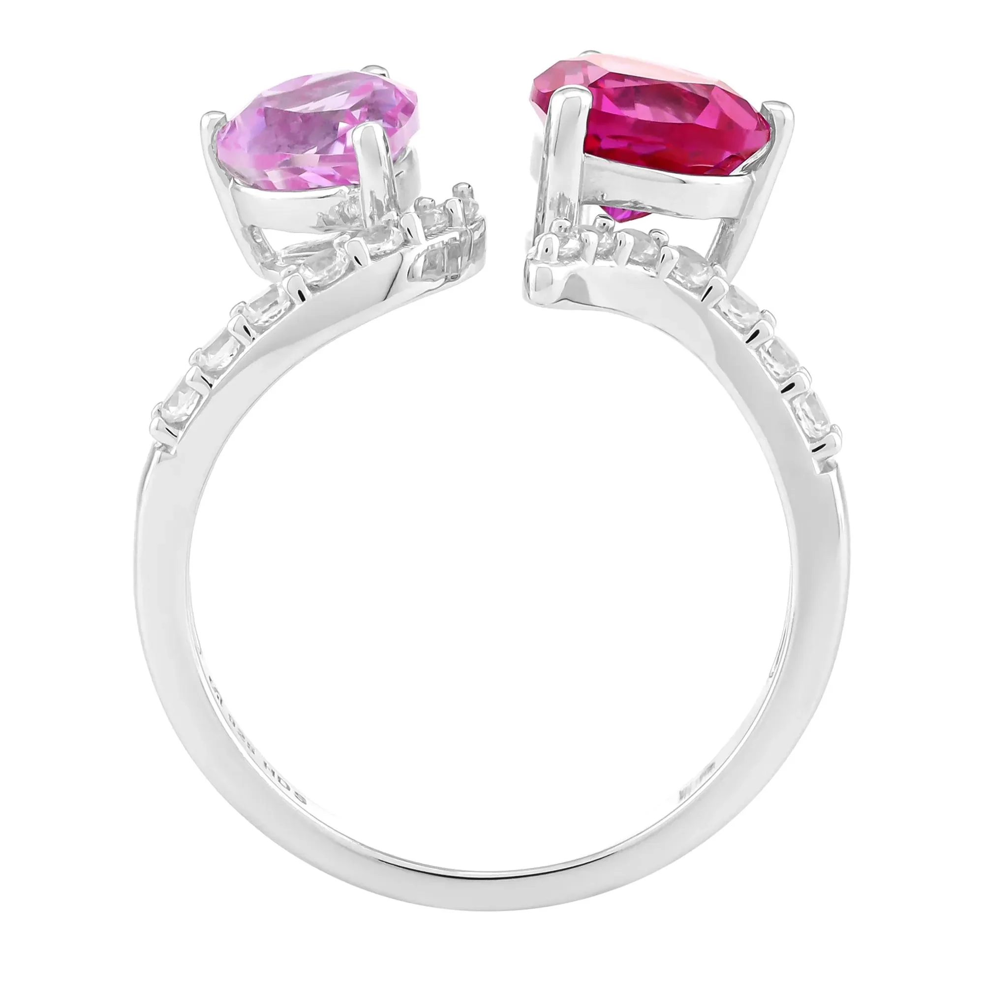 Lab-Created Pink Sapphire & Lab-Created White Sapphire Toi Et Moi Hearts Open-Front Ring .925 Sterling Silver Size 7 1.5mm - Image 2