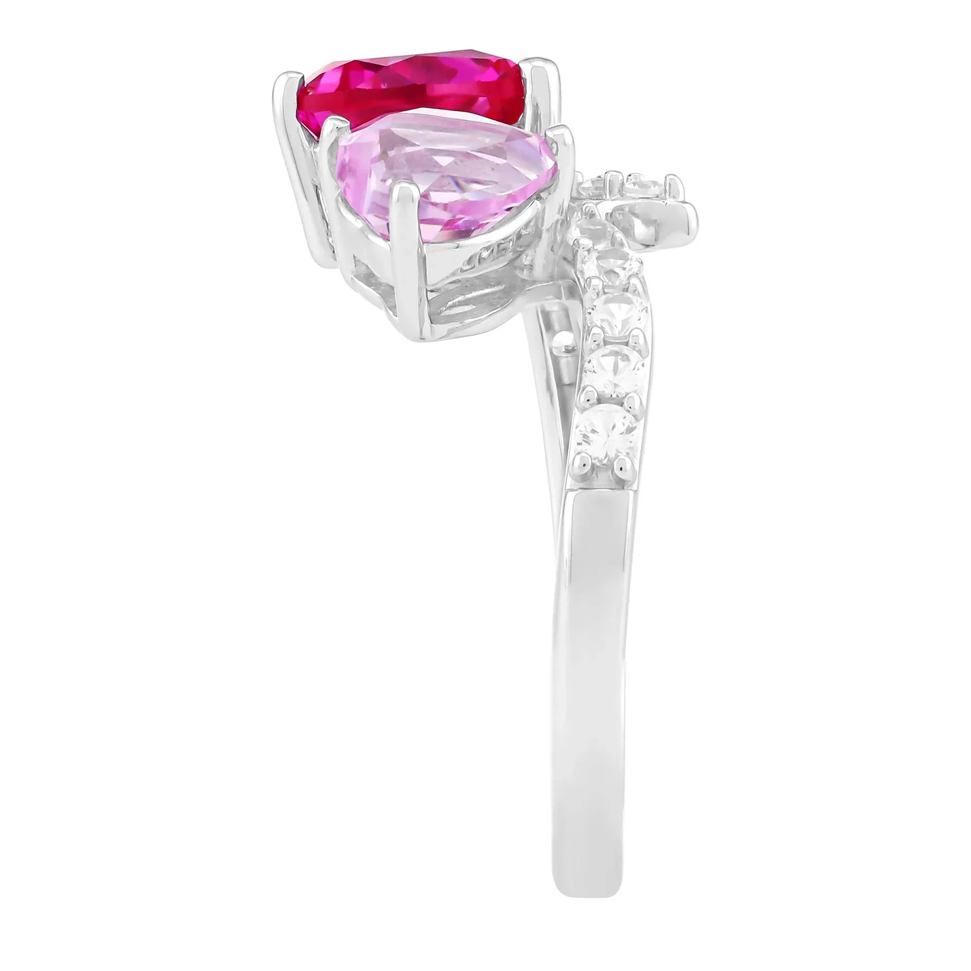 Lab-Created Pink Sapphire & Lab-Created White Sapphire Toi Et Moi Hearts Open-Front Ring .925 Sterling Silver Size 7 1.5mm - Image 3